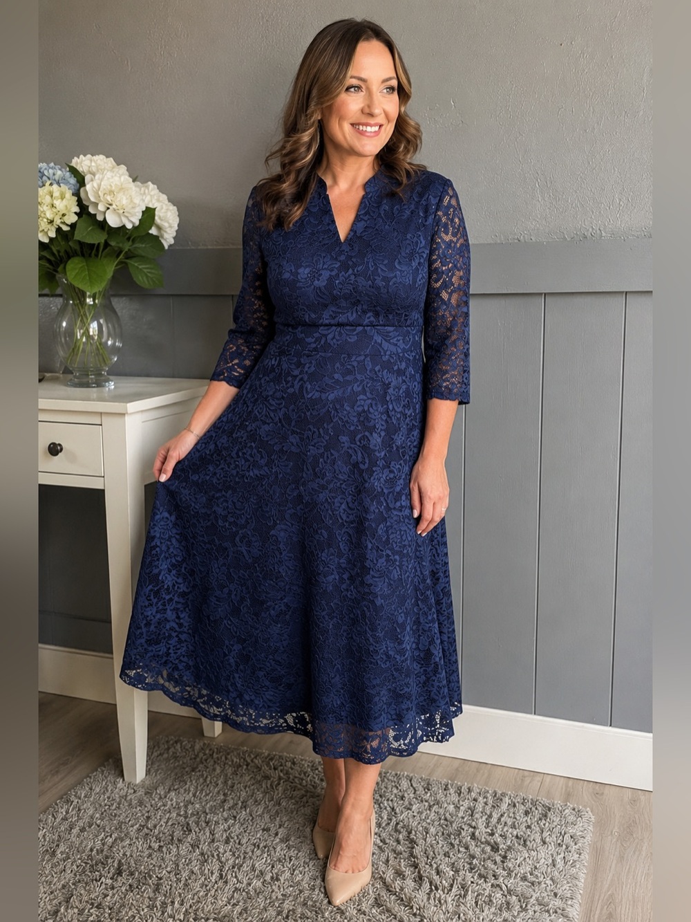 Elegant Navy Lace A-Line Dress with Three-Quarter Sleeves